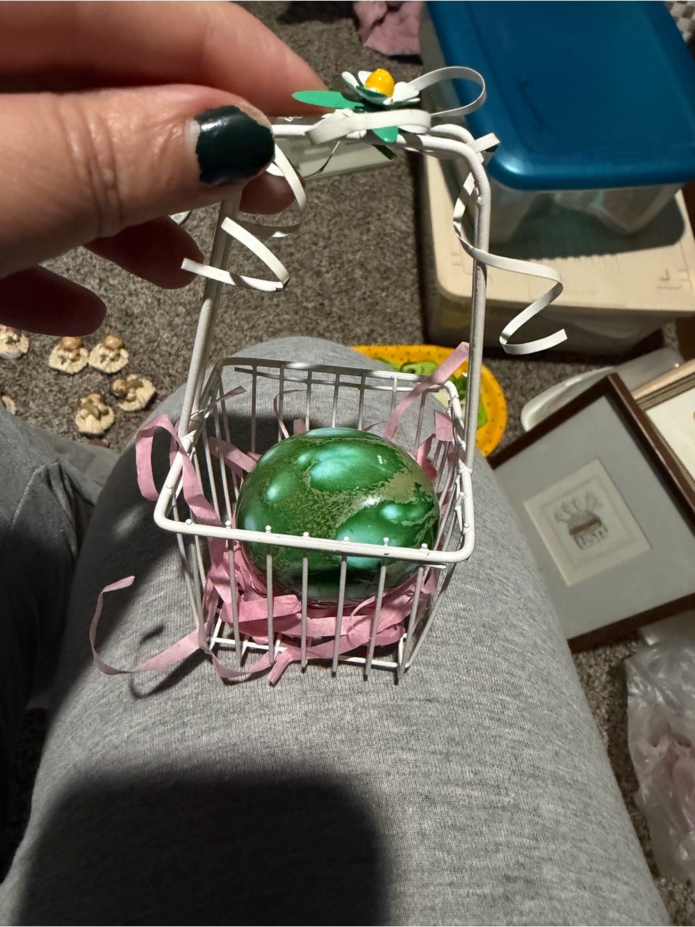 White Decorative Wire Basket with Handle and Pink Shred - Home Accents